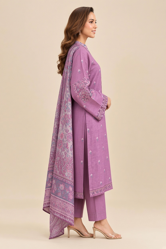 Brands Store Nishat 3-piece unstitched linen suit in mauve with floral prints worn by a model, side view