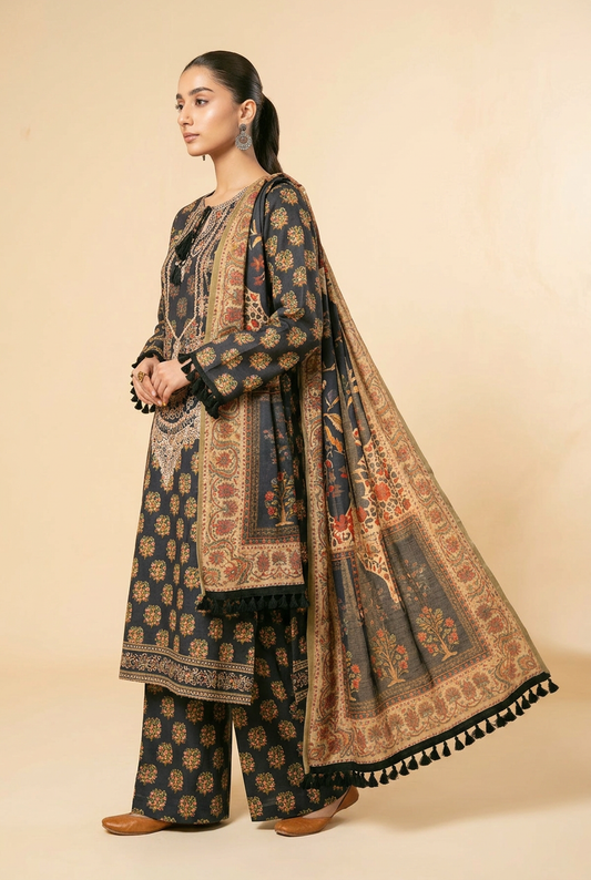 Nishat Navy Floral Linen Suit - Side View Model