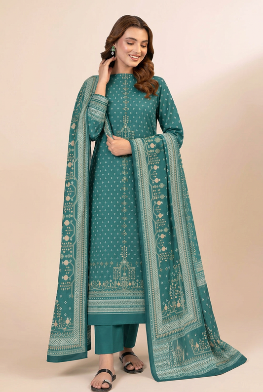 Nishat Teal Linen Suit - Three Quarter View Model