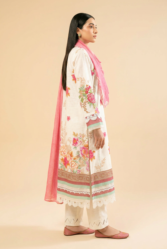 Nishat Cream Floral Linen Suit - Side View Model
