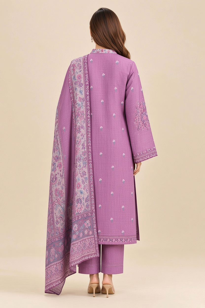Back view of a woman wearing a Brands Store Nishat 3-piece unstitched purple linen suit with intricate floral prints.