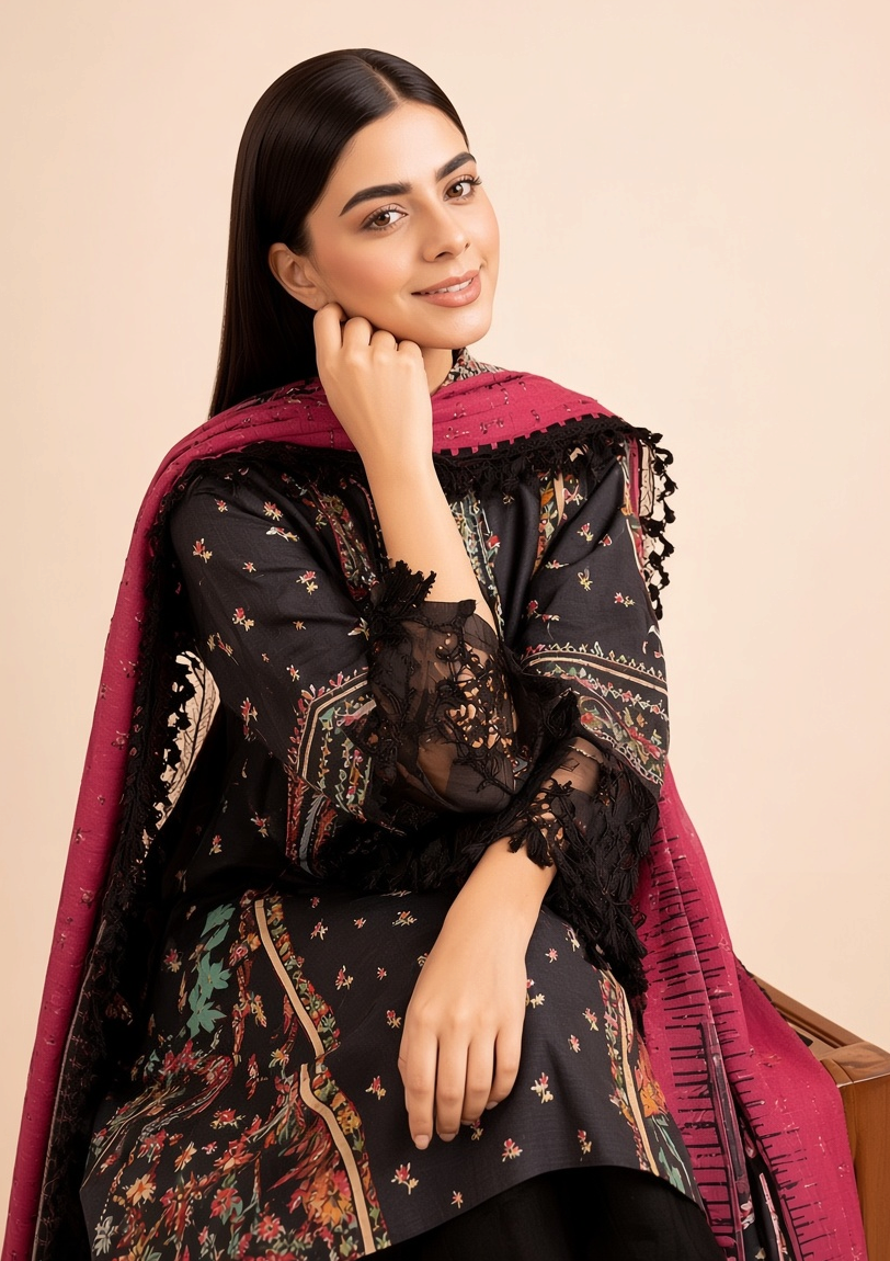 Brands Store Nishat 3-piece unstitched linen suit featuring a black printed shirt and a contrasting magenta dupatta