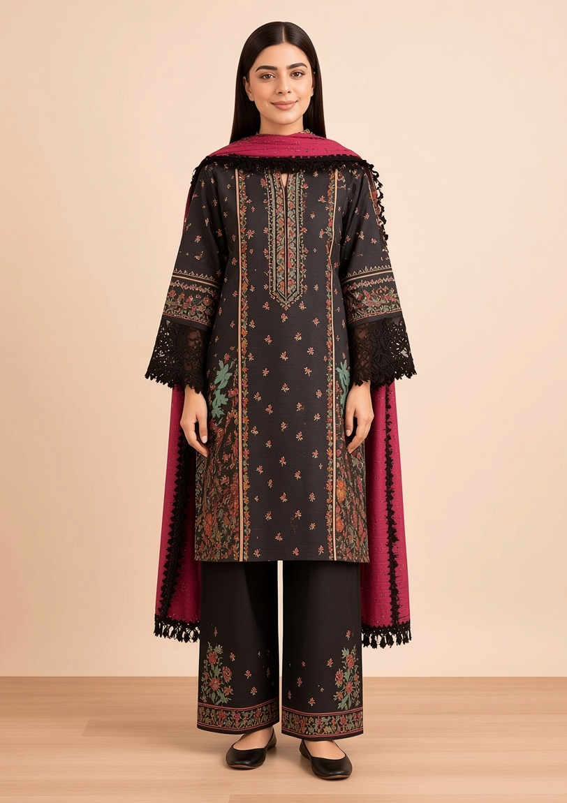 Brands Store Nishat 3-piece unstitched linen suit featuring a black printed shirt, matching trousers, and maroon dupatta