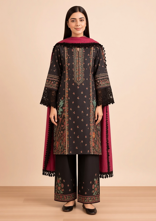 Brands Store Nishat 3-piece unstitched linen suit featuring a black printed shirt, matching trousers, and maroon dupatta
