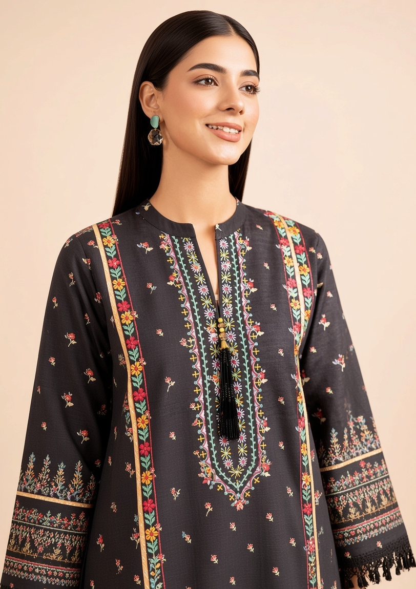 Brands Store Nishat 3-piece unstitched linen suit featuring a black shirt with colorful floral embroidery and tassels