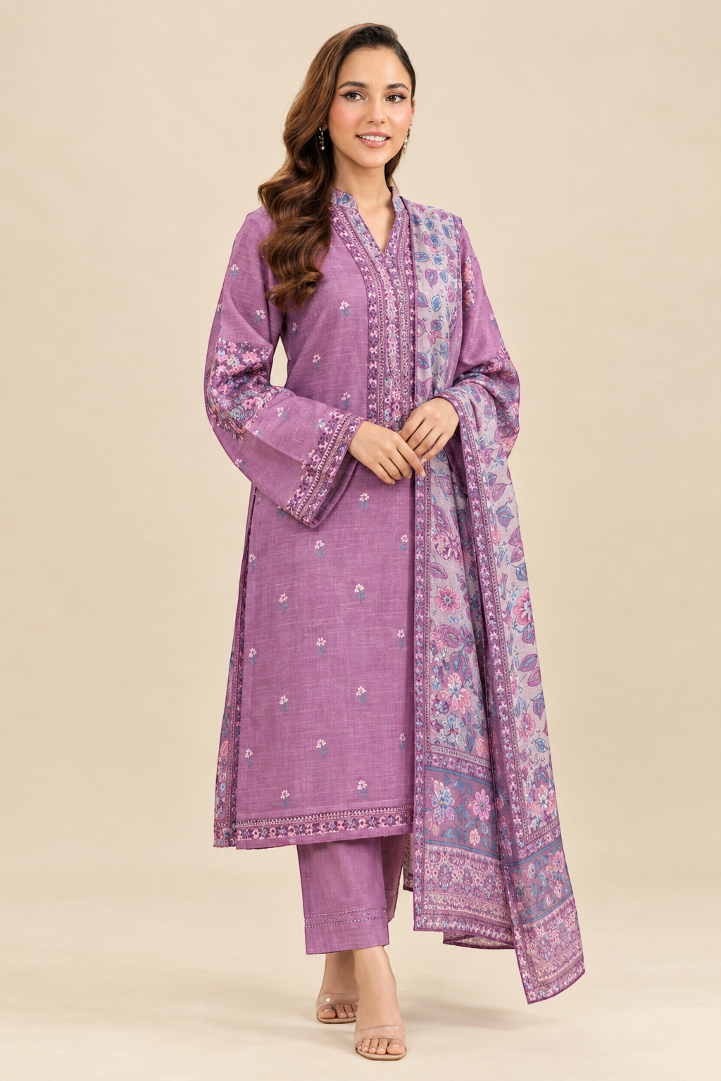Brands Store Nishat 3-piece purple linen suit with floral print shirt and matching dupatta on a smiling model