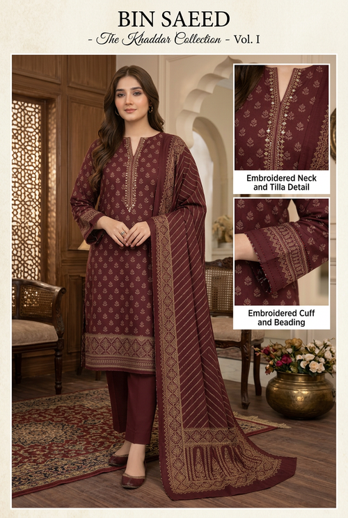 Bin Saeed Khaddar 3-Piece Unstitched Suit | Printed Dupatta Winter Collection Vol.23 | Brands Store