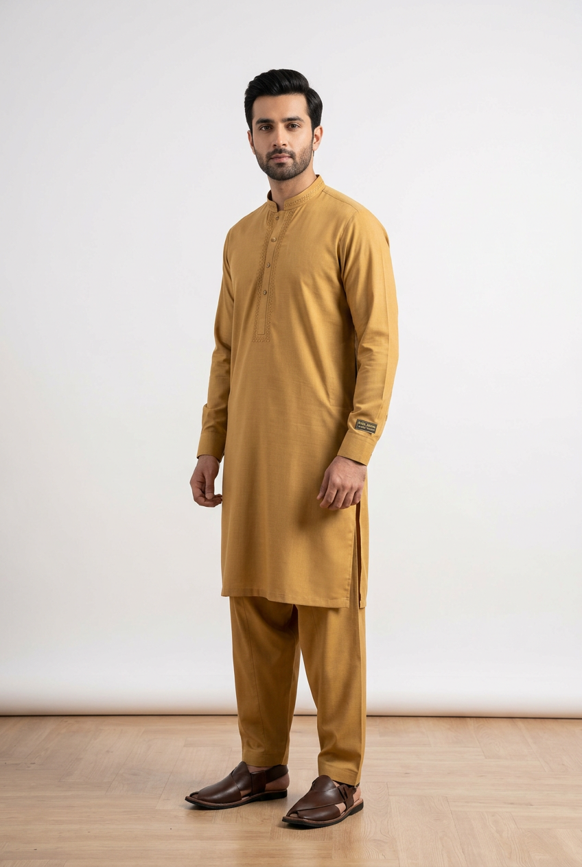 Gul Ahmed Italian Toyobo Mustard Shalwar Kameez - Front View