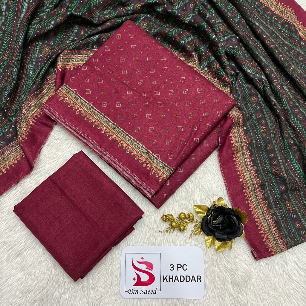 Bin Saeed Khaddar Suit - Front Flat Lay