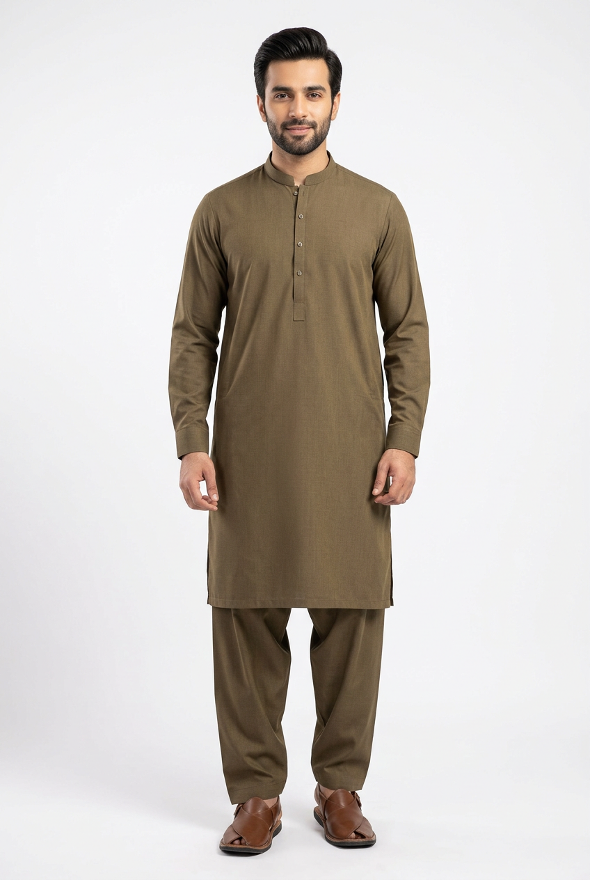 J. Junaid Jamshed Leather Stone Olive Brown Shalwar Kameez - Front View