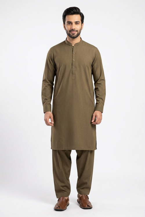 J. Junaid Jamshed Leather Stone Unstitched Suit – Olive Brown (Article #05)