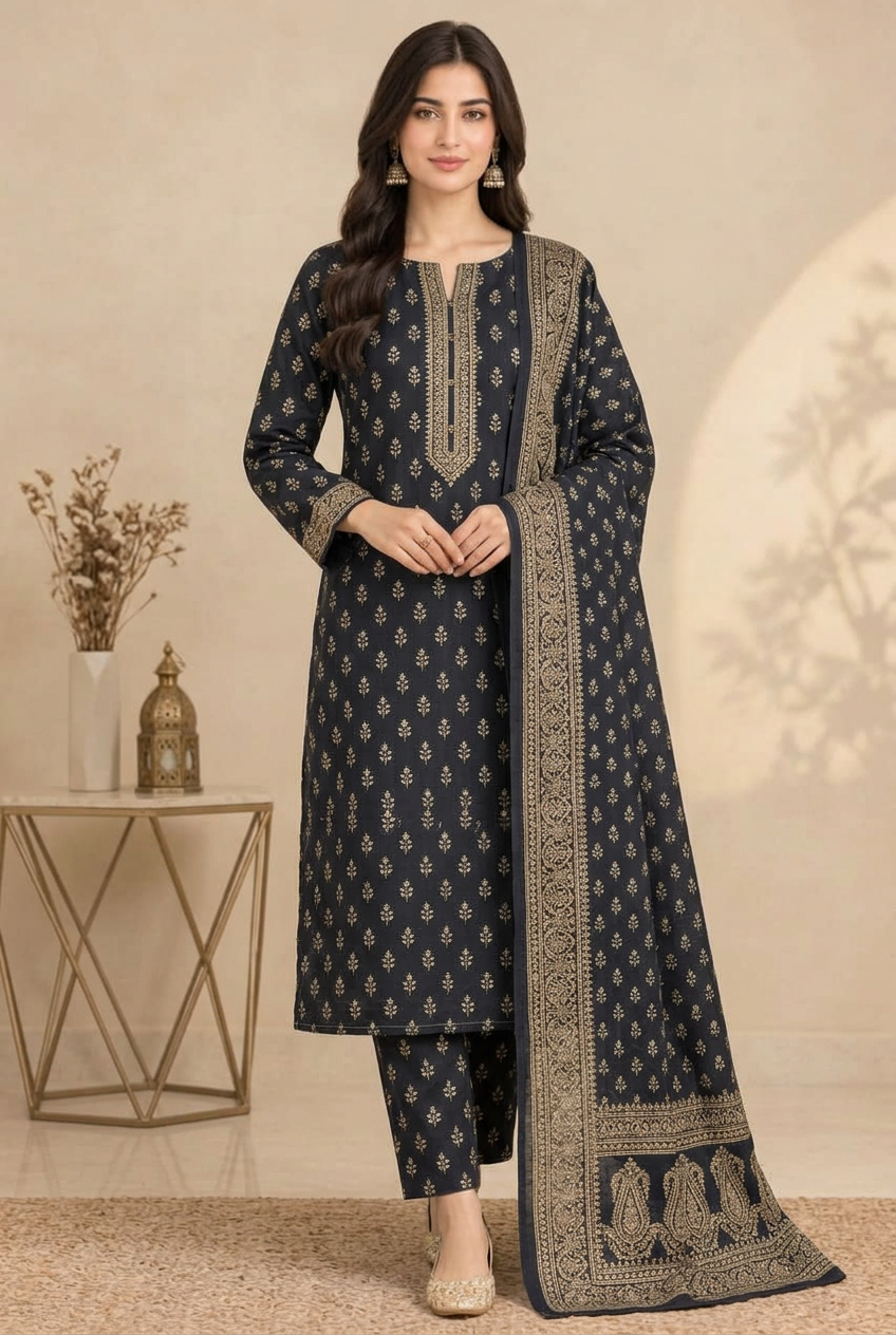 Bin Saeed 3-Piece Printed Khaddar Suit - Front View