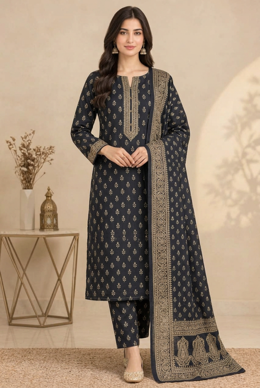 Bin Saeed 3-Piece Printed Khaddar Suit - Front View