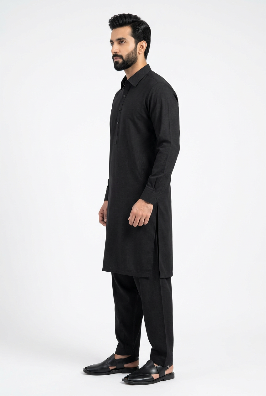 J. Junaid Jamshed Leather Stone Black Shalwar Kameez - Side View