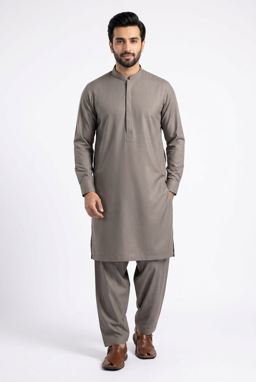 Gul Ahmed Italian Toyobo Taupe Grey Shalwar Kameez - Front View