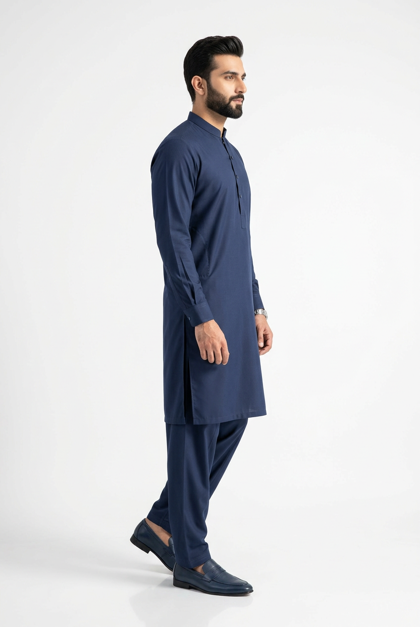 Gul Ahmed Italian Toyobo Navy Blue Shalwar Kameez - Side View