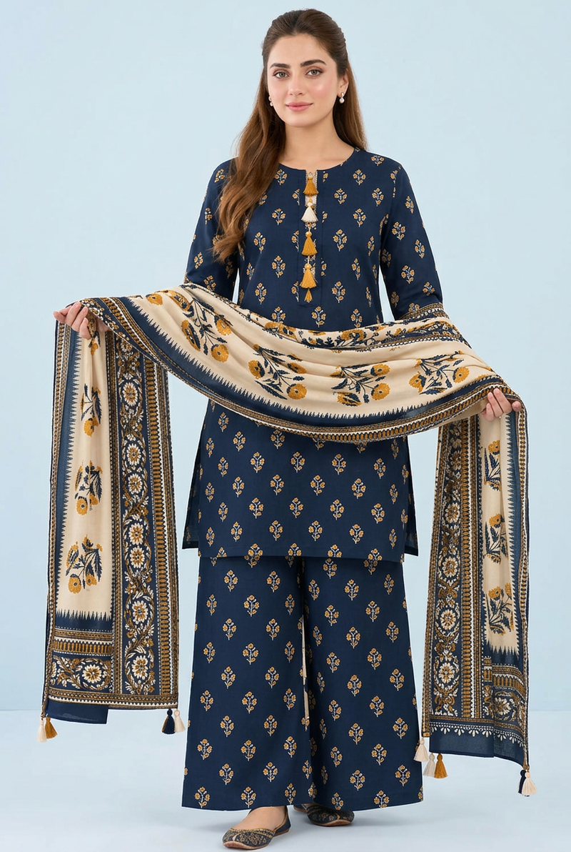 Bin Saeed Navy Blue Khaddar 3-Piece Unstitched Suit | Printed Palazzo Dupatta | Brands Store