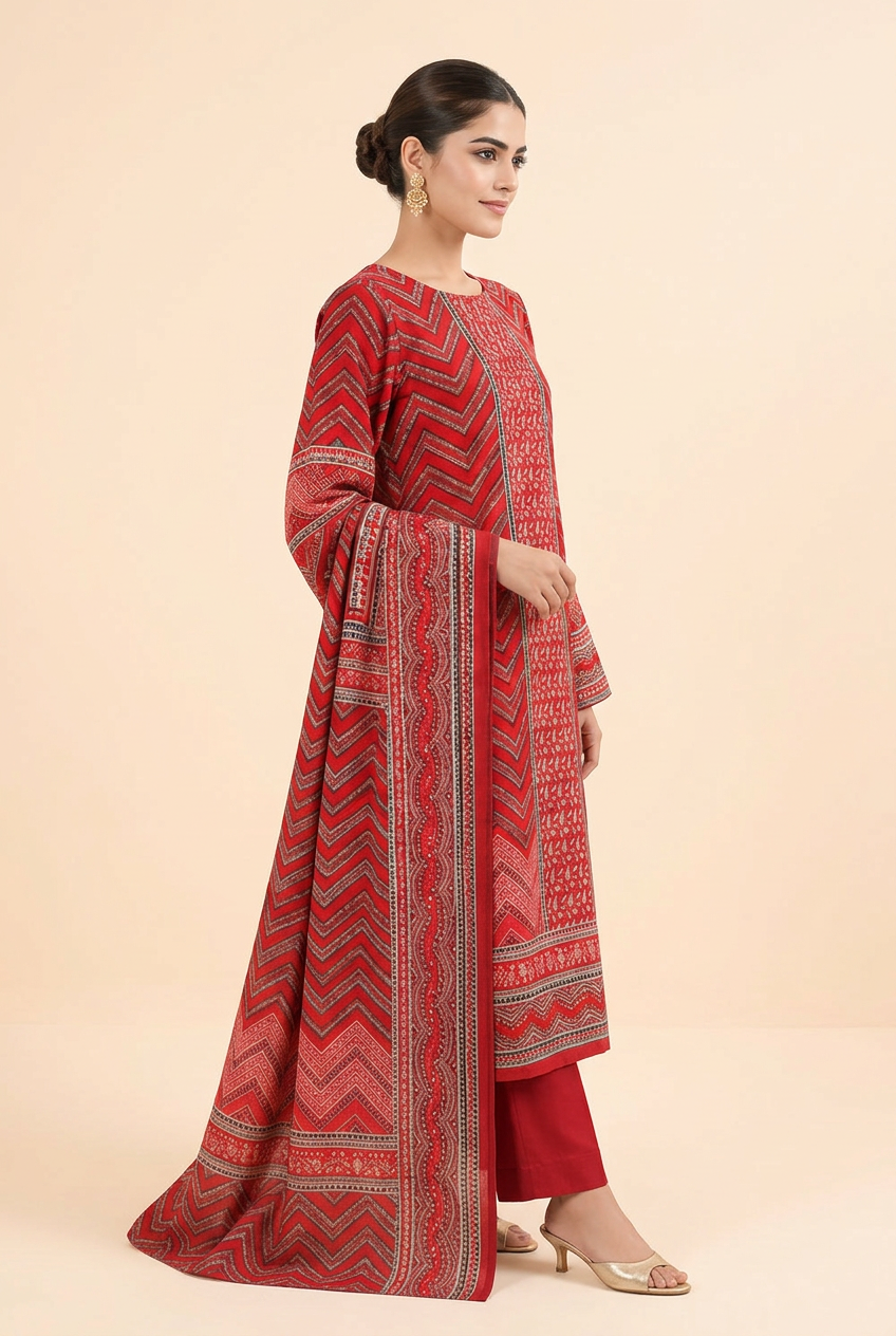 Nishat Red Chevron Linen Suit - Three Quarter View Model
