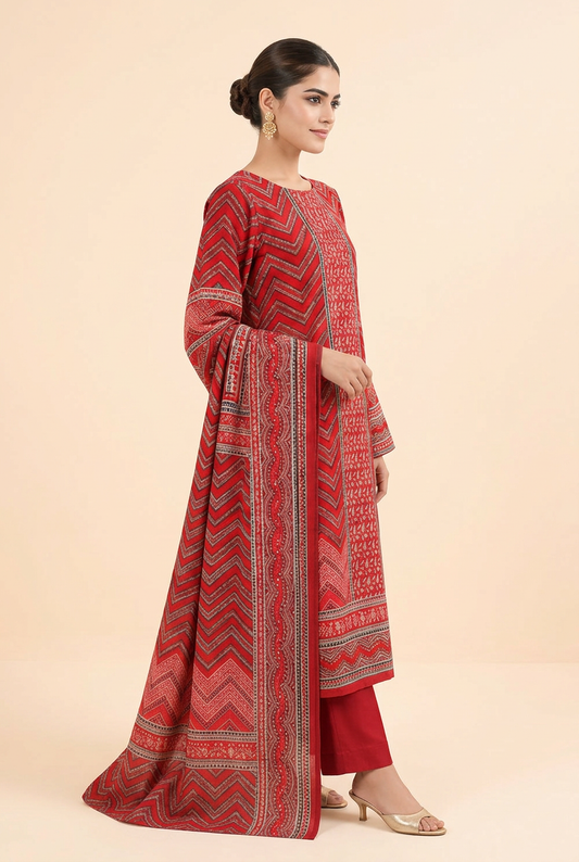 Nishat Red Chevron Linen Suit - Three Quarter View Model