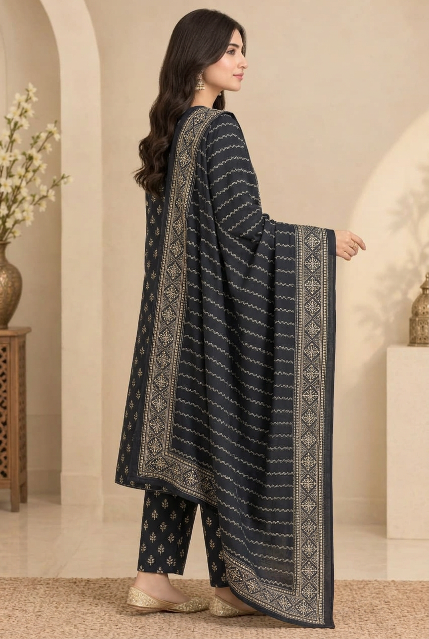 Bin Saeed 3-Piece Printed Khaddar Suit - Side View