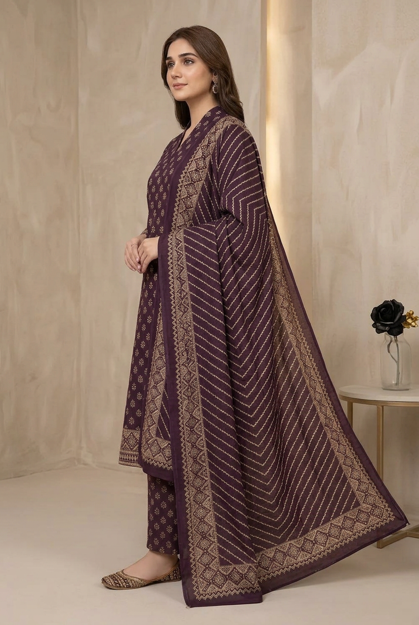 Bin Saeed Purple Khaddar Suit - Side View Model