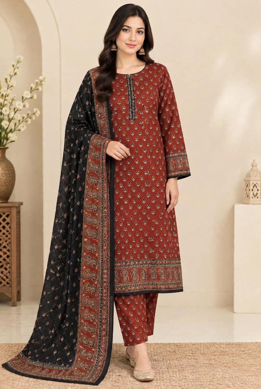 Bin Saeed 3-Piece Printed Khaddar Suit - Front View