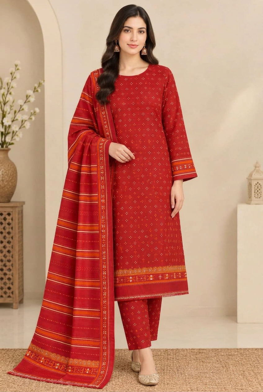 Bin Saeed 3-Piece Printed Khaddar Suit - Front View