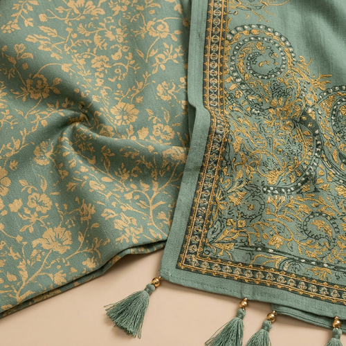 Nishat Sage Green Linen 3-Piece Unstitched Suit | Floral Paisley Printed Dupatta | Brands Store