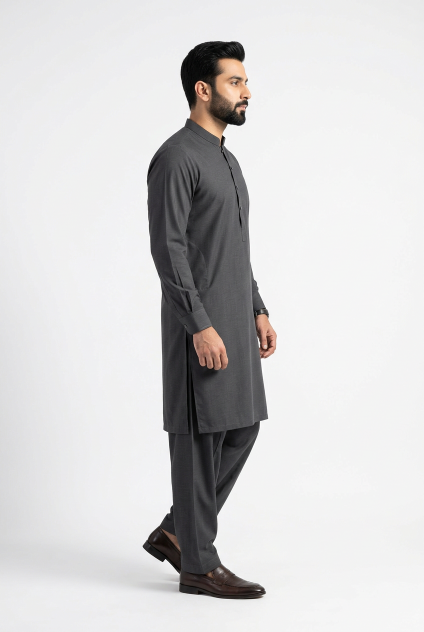 Gul Ahmed Italian Toyobo Charcoal Shalwar Kameez - Side View