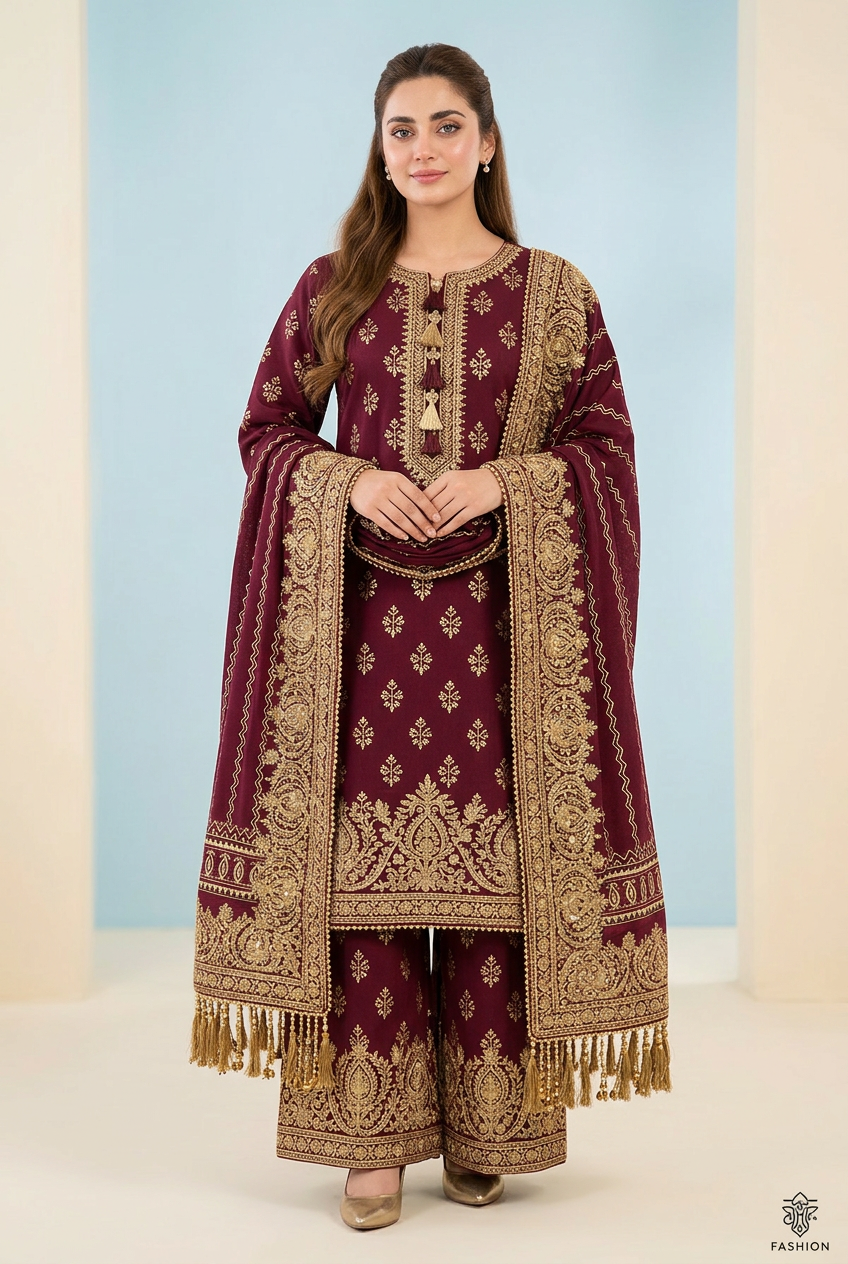 Bin Saeed Wine Khaddar Suit - Front View Model