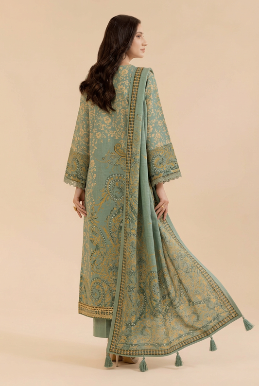 Nishat Sage Green Linen Suit - Back View Model