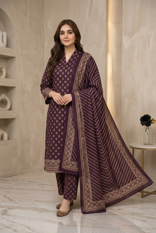 Bin Saeed Purple Khaddar Suit - Front View Model