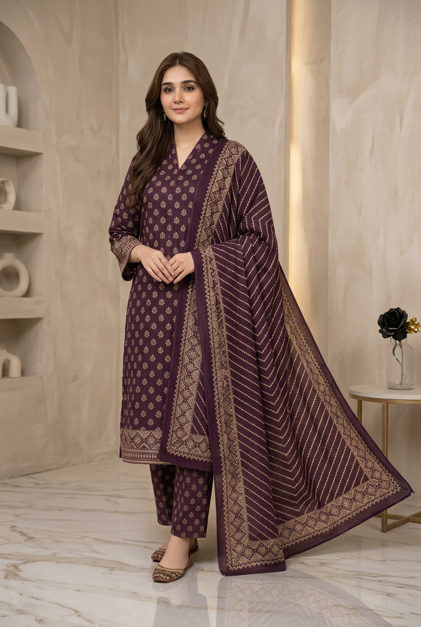 Bin Saeed Purple Khaddar Suit - Front View Model