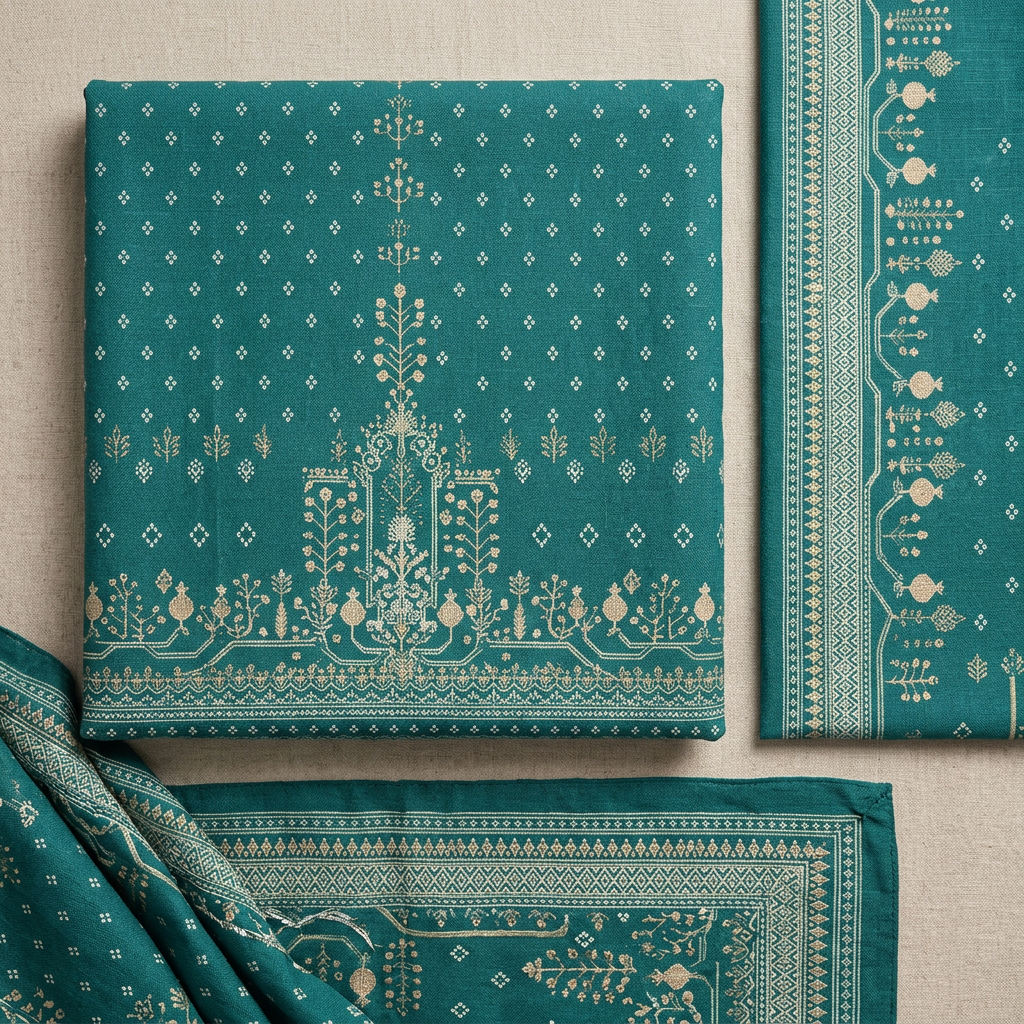 Nishat Teal Linen Suit - Fabric Close-up
