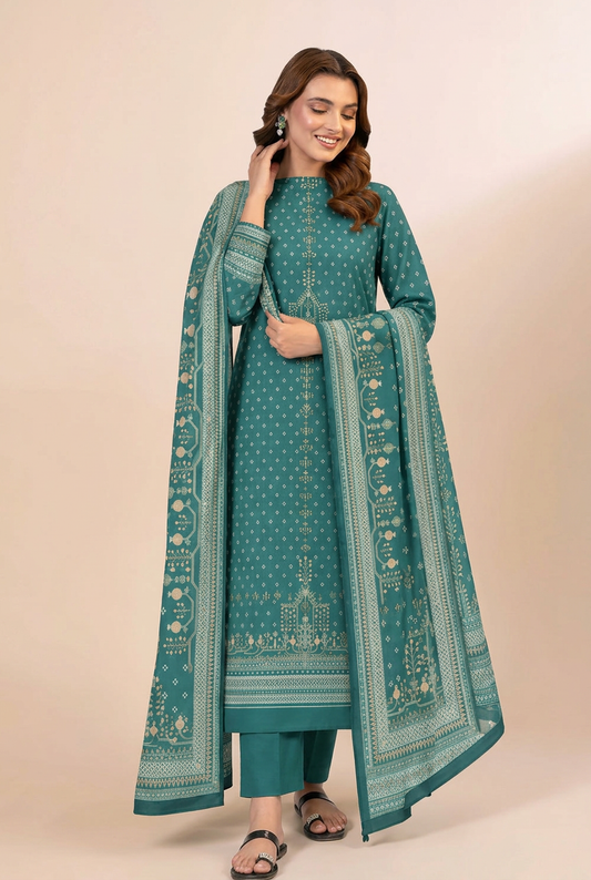 Nishat Teal Linen Suit - Front View Model