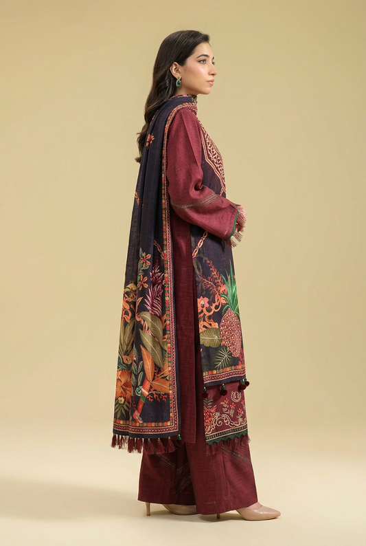 Nishat Maroon Linen Suit - Side View Model