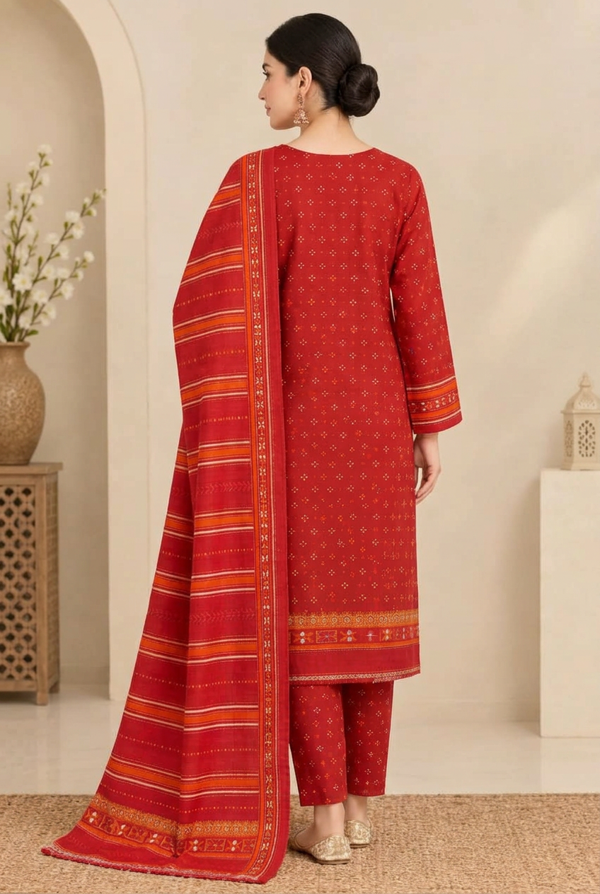 Bin Saeed 3-Piece Printed Khaddar Suit - Back View