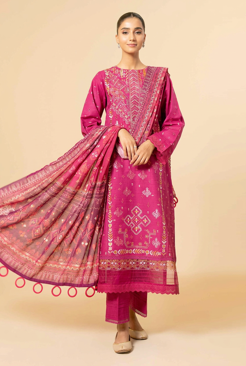 Nishat Magenta Linen Suit - Front View Model