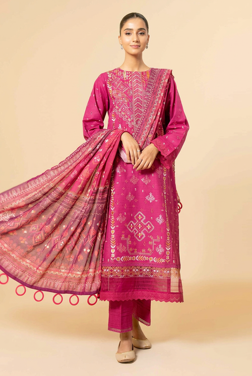 Nishat Magenta Linen 3-Piece Unstitched Suit | Golden Embroidered Pink Dupatta | Brands Store