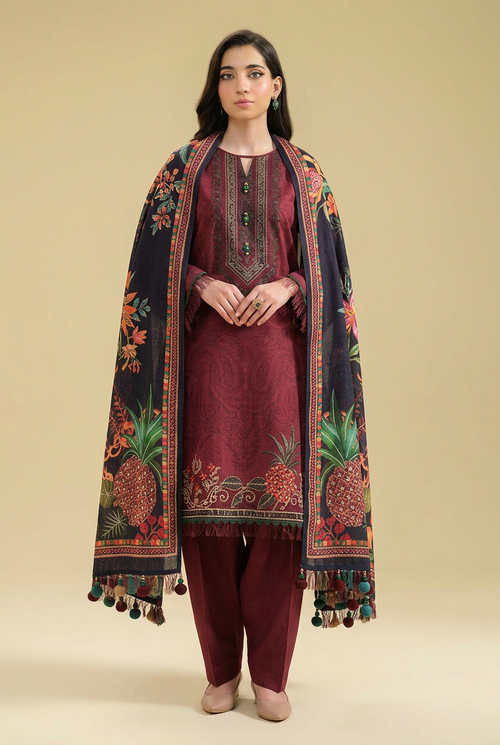 Nishat Maroon Linen 3-Piece Unstitched Suit | Tropical Printed Dupatta | Brands Store