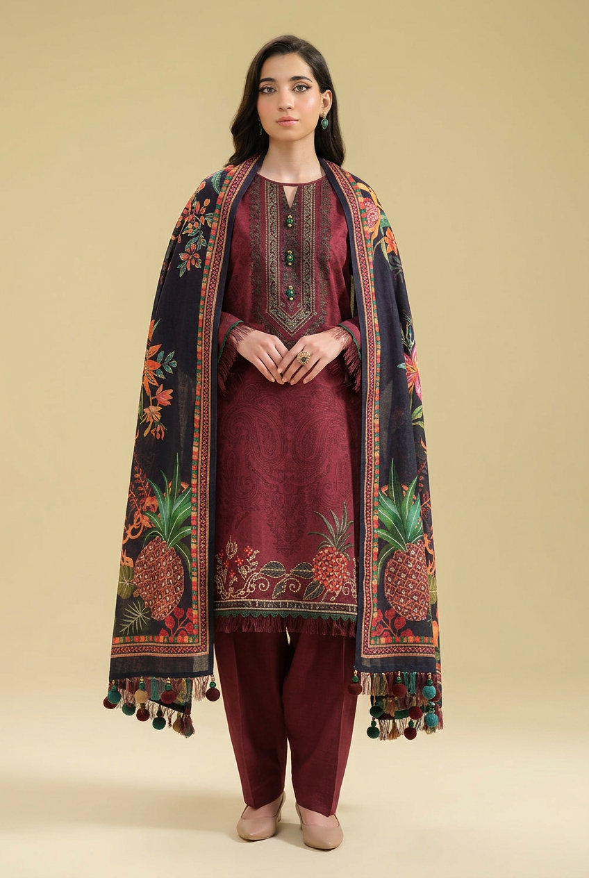 Nishat Maroon Linen Suit - Front View Model