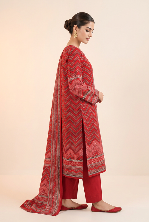 Nishat Red Linen 3-Piece Unstitched Suit | Chevron Geometric Printed Dupatta | Brands Store