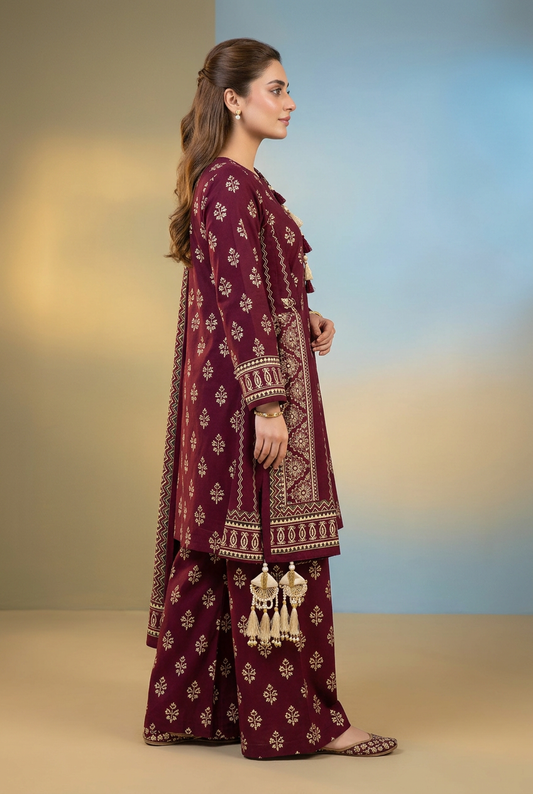Bin Saeed Wine Khaddar Suit - Side View Model