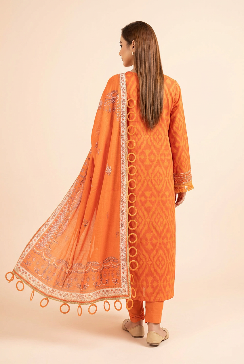 Nishat Orange Linen Suit - Back View Model