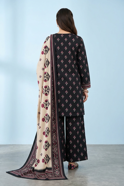 Bin Saeed Black Khaddar 3-Piece Unstitched Suit | Floral Printed Palazzo Dupatta | Brands Store
