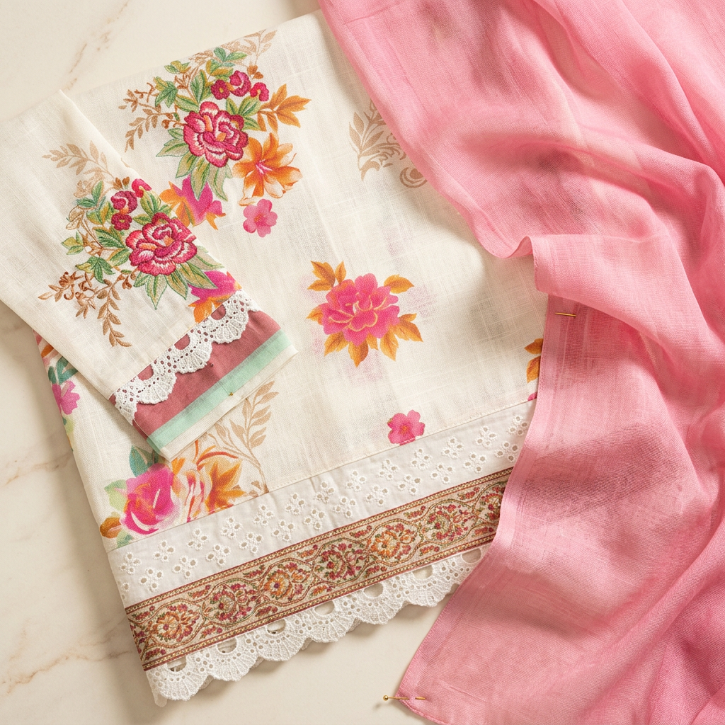 Nishat Cream Floral Linen Suit - Fabric Close-up