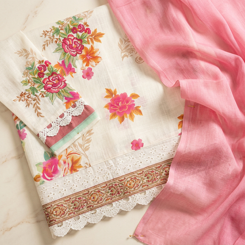 Nishat White Linen 3-Piece Unstitched Suit | Floral Printed Pink Dupatta | Brands Store