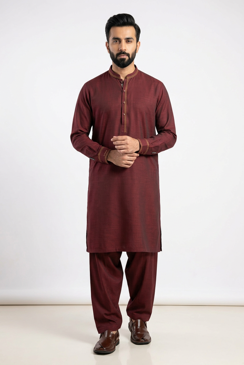 J. Junaid Jamshed Leather Stone Maroon Shalwar Kameez - Front View