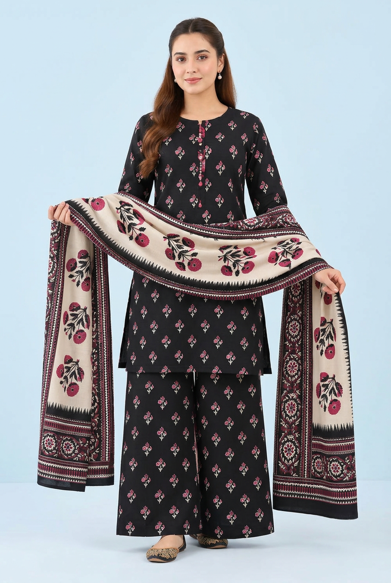 Bin Saeed Black Khaddar 3-Piece Unstitched Suit | Floral Printed Palazzo Dupatta | Brands Store