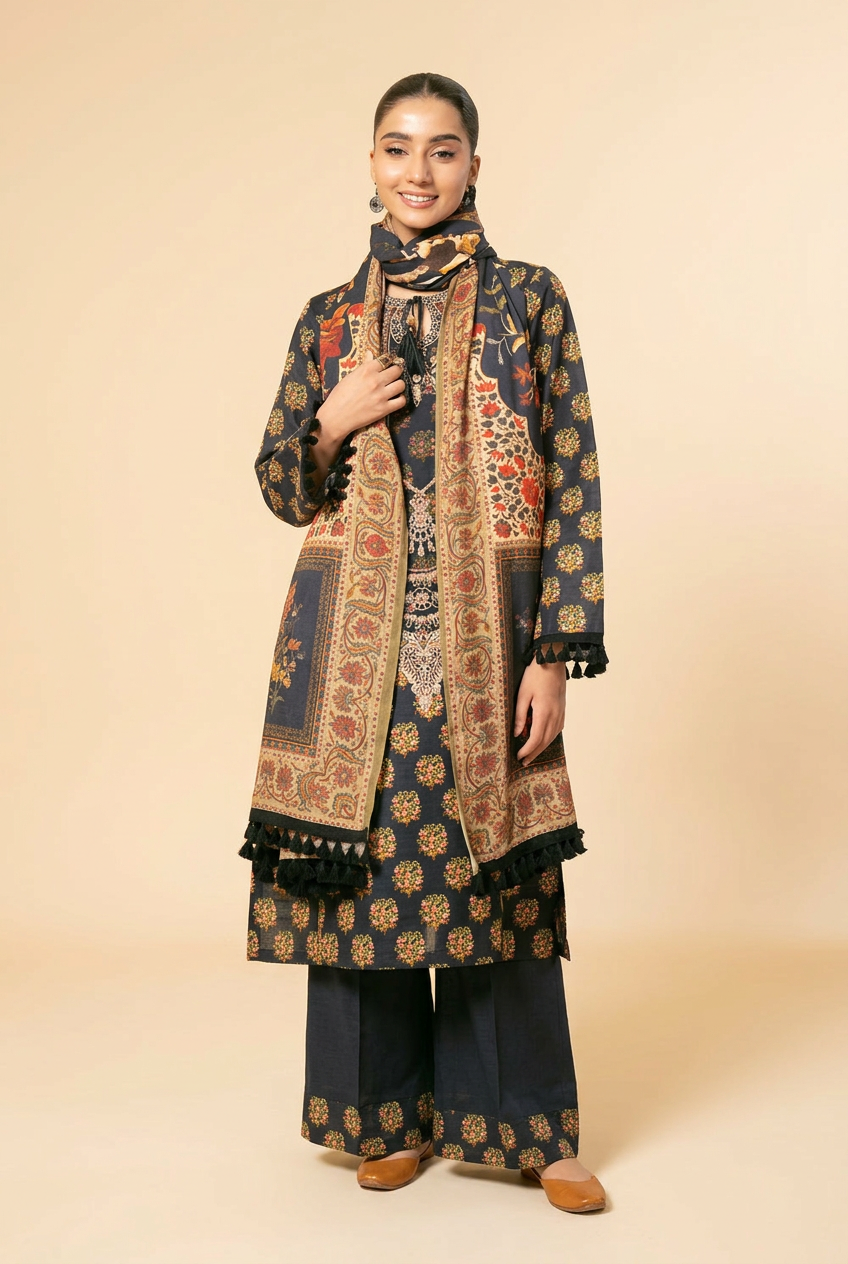 Nishat Navy Floral Linen Suit - Front View Model